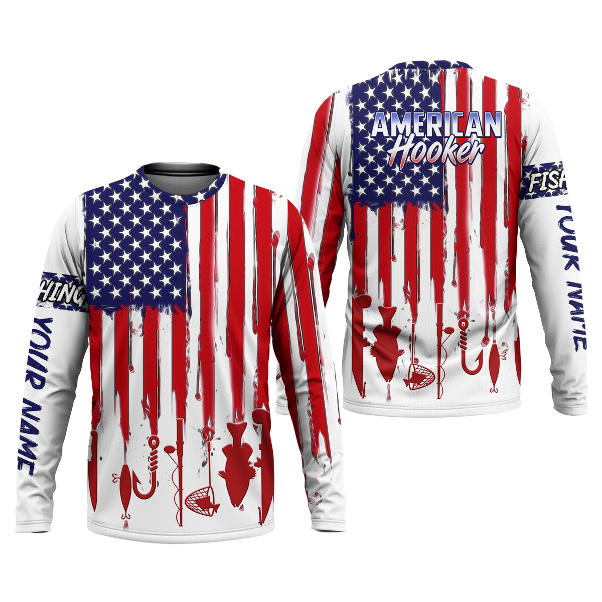 American Hooker Hooded UPF Shirt, American Flag Fish Shirt, Long Sleeve Fishing Shirts, Mens Casual Shirts