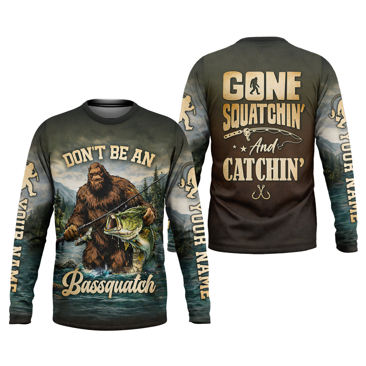 Bassquatch Fishing Shirt, Gone Squatchin’ And Catchin’ Fishing Shirt, Fishing UPF Shirts