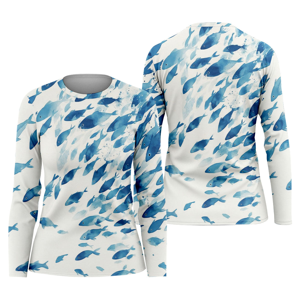 Flowing Fish White And Blue Fishing UPF Shirts, Minimal Watercolor Fishing Shirt For Women