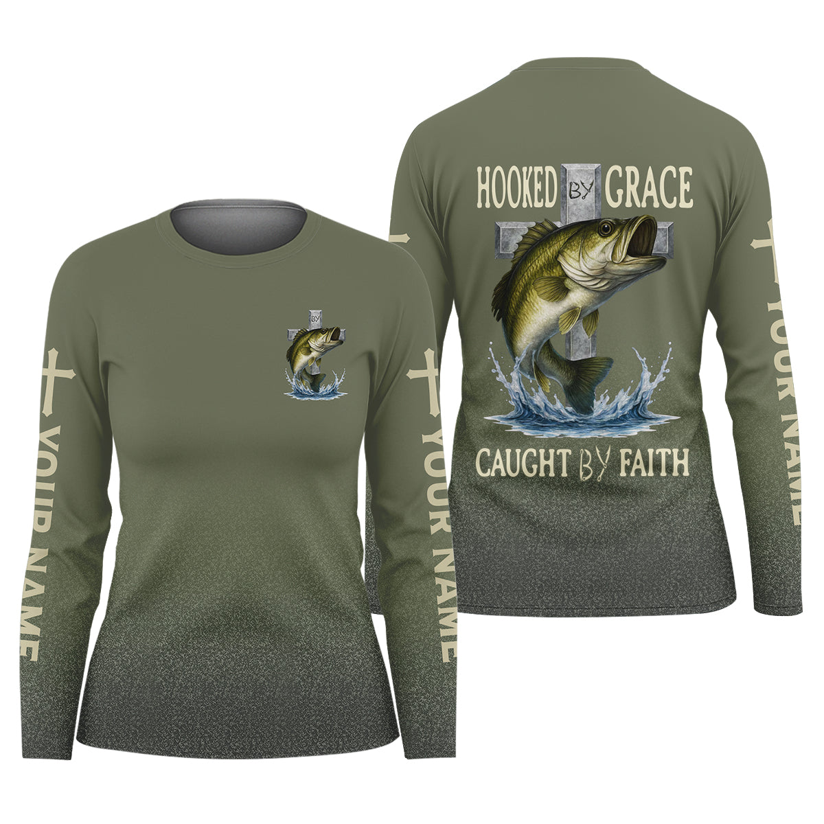 Hooked By Grace Caught By Faith Cross Christian Fishing UPF Shirts, Women Fishing Shirt