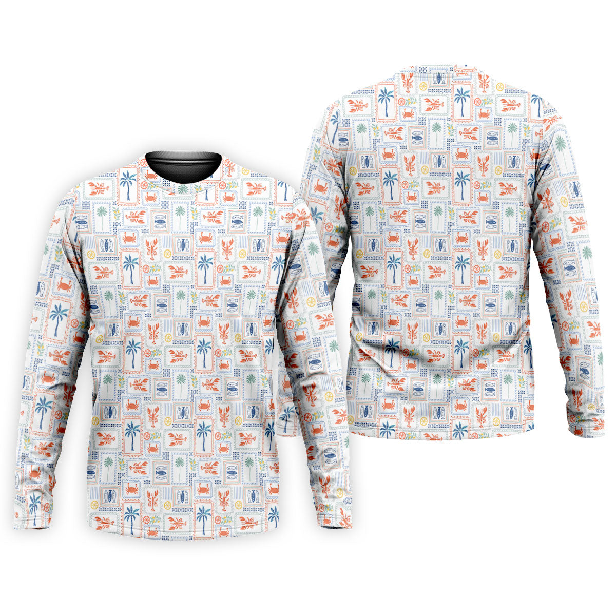 Seafood Patchwork Pattern Tropical Theme Fishing UPF Shirts, Fishing Shirts For Men