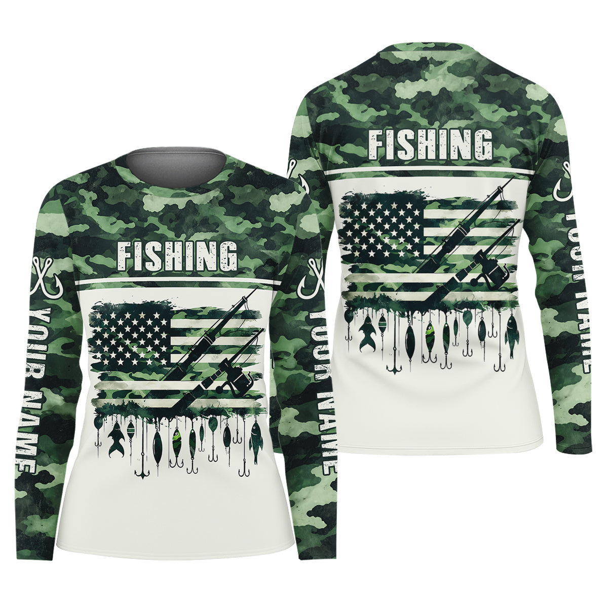 Fishing Green Camo US Flag Pattern Fishing UPF Shirts, 250 Years Women Fishing Shirt