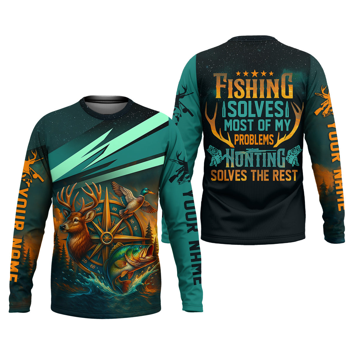 Fishing Solves Most Of My Problems Sky Star Pattern Fishing UPF Shirts, Fishing And Hunting SPF Shirt For Men