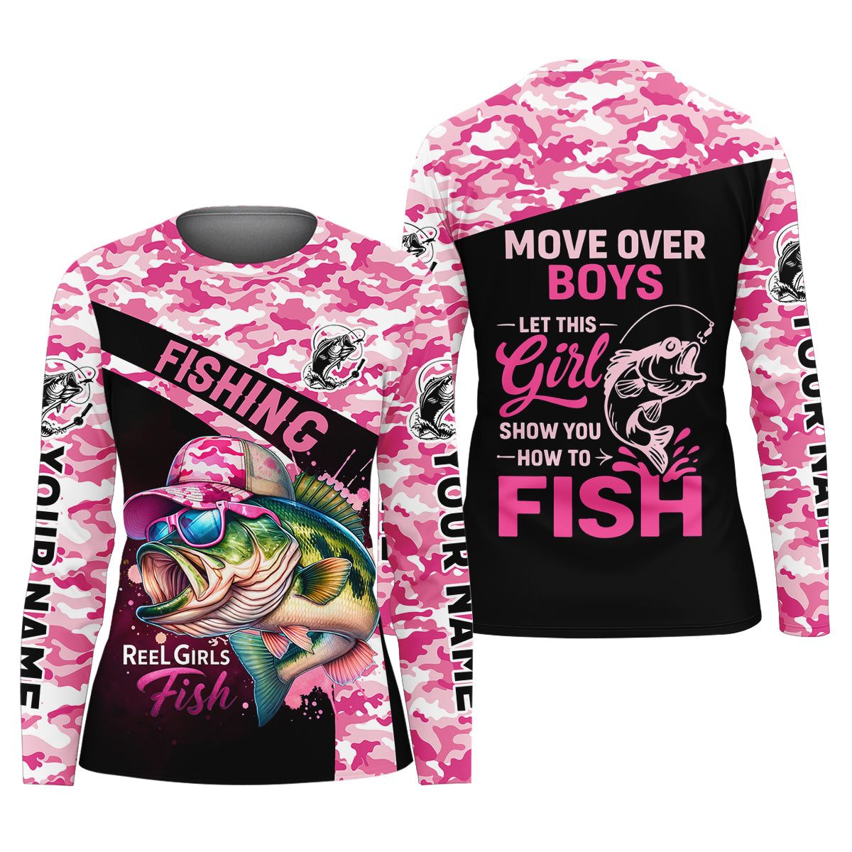 Personalized Move Over Boys Fishing Shirt, Pink Camo Girl Angler, Custom Name Fishing Shirt