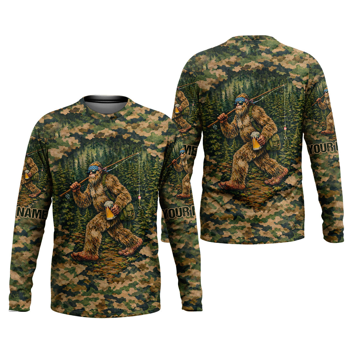 Bigfoot Fishing And Beer Earth Green Camo Fishing Shirt, Fishing UPF Shirts, Fishing Shirts For Men