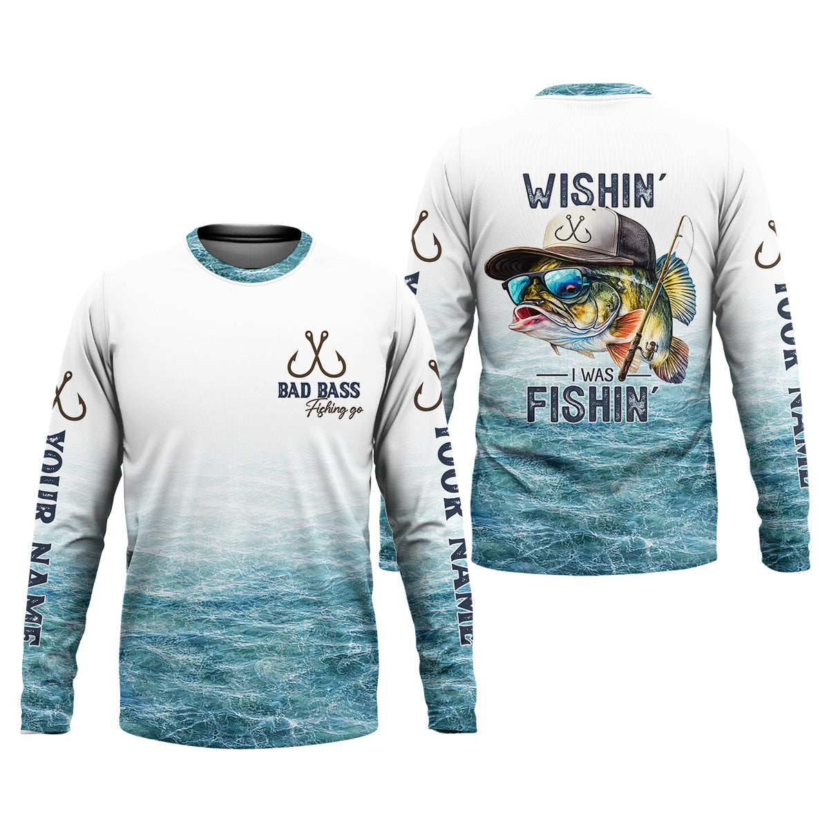 Wishin’ I Was Fishin’ Shirt, Personalized Bad Bass Fishing Shirt For Men, Fishing UPF Shirts