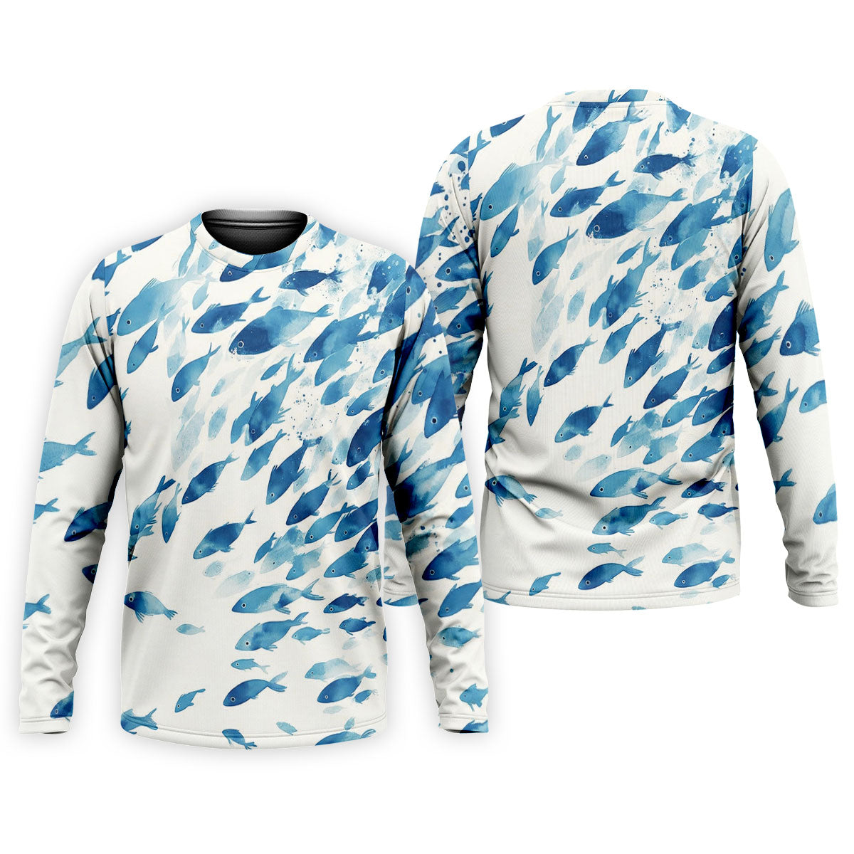 Flowing Fish White And Blue Fishing UPF Shirts, Minimal Watercolor Fishing Shirts For Men