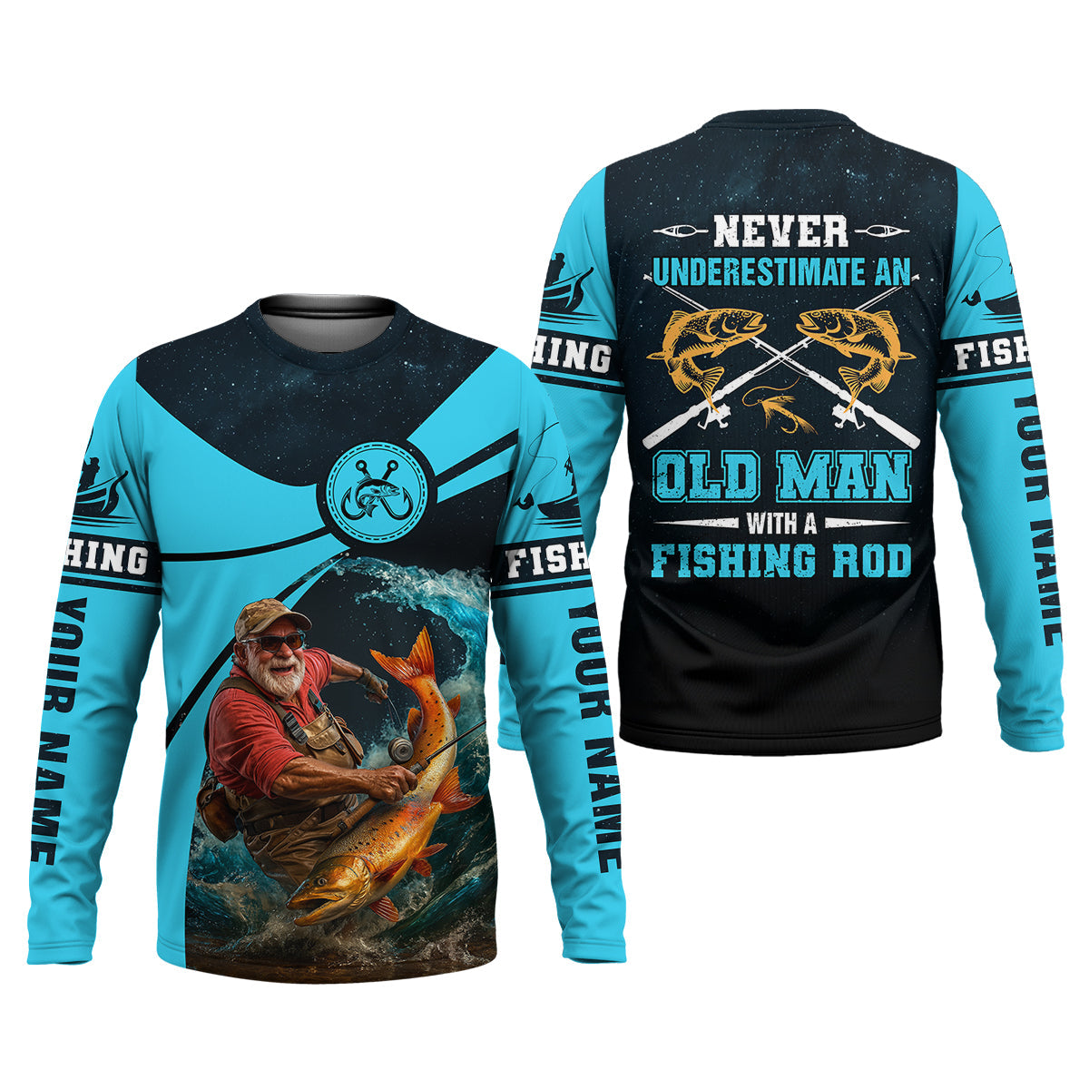 Never Underestimate An Old Man With A Fishing Rod Custom Name UPF Shirts, Men's Fishing Shirt