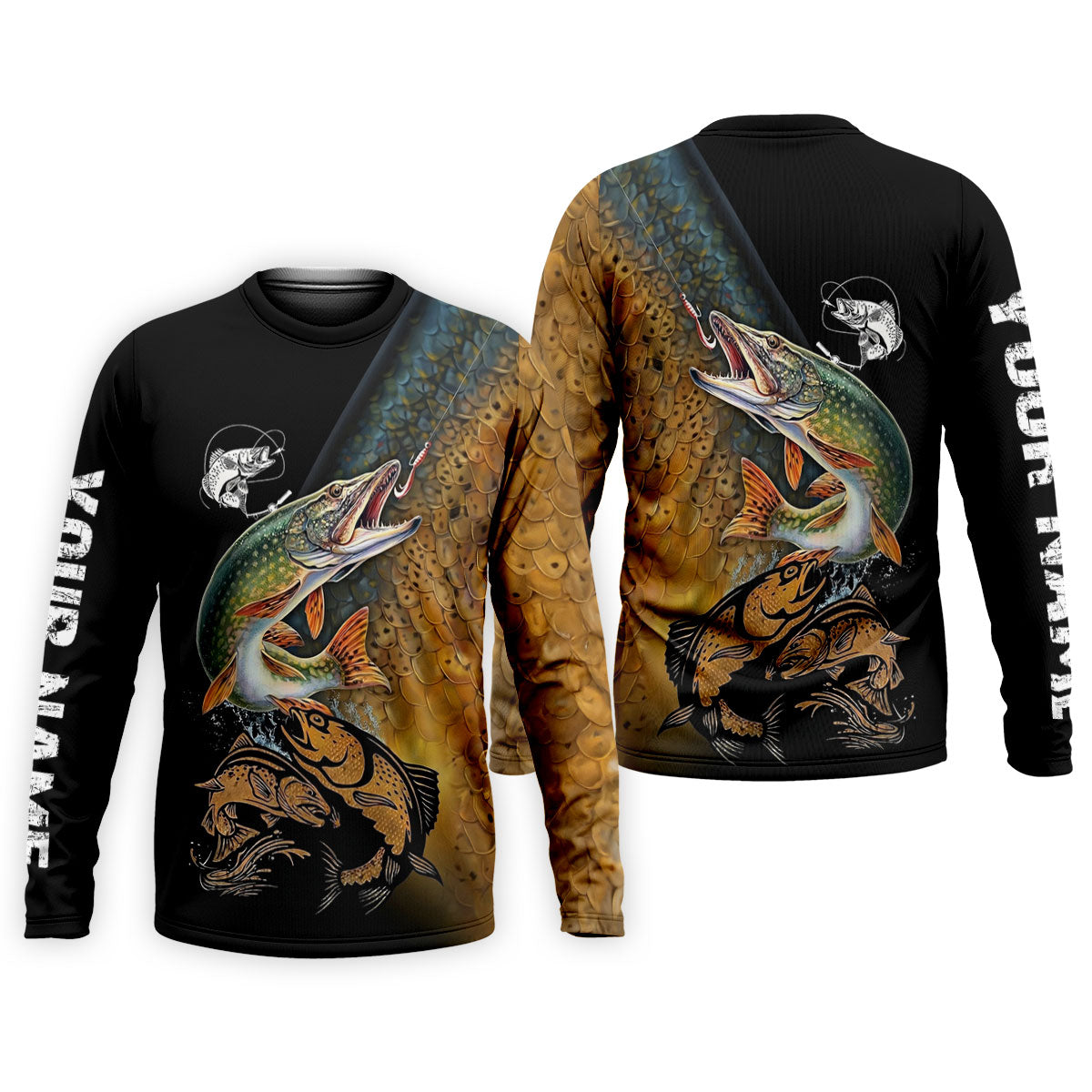Northern Pike Fishing Gold Brown Scale Pattern Fishing UPF Shirts, Fishing Shirts For Men
