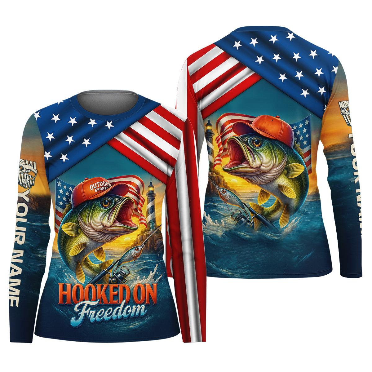 Hooked On Freedom Patriotic Fishing Shirt, Largemouth Bass Fishing Women SPF Shirt, Funny Fishing Shirt