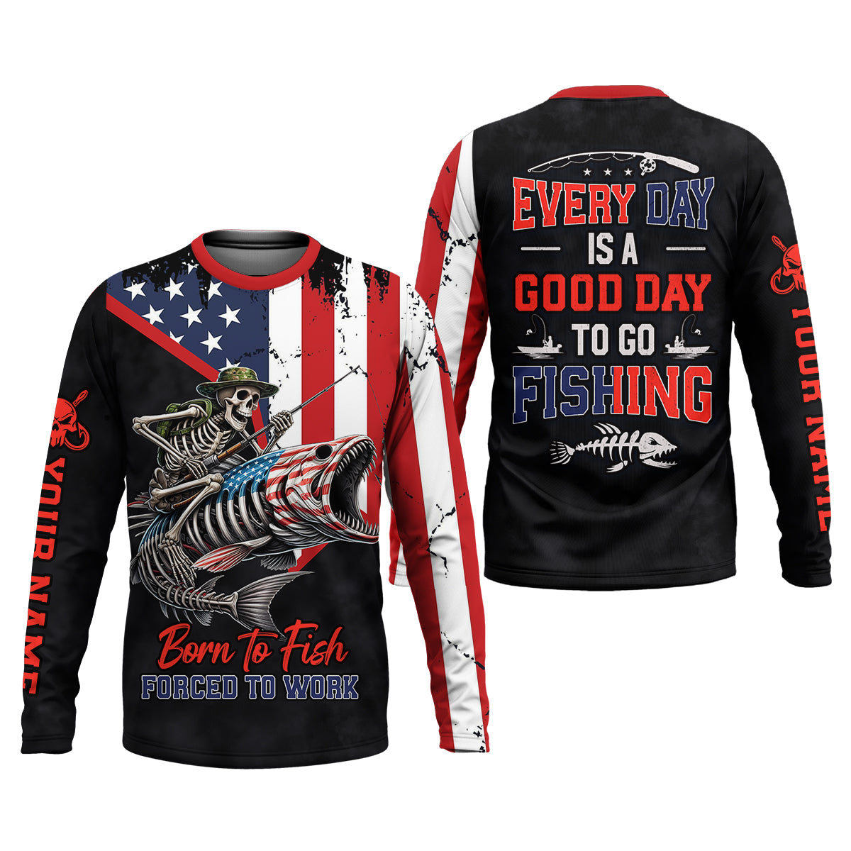 Born To Fish Forced To Work USA Fishing Shirt, Funny Fishing UPF Shirts, Personalized Fishing Shirts For Men