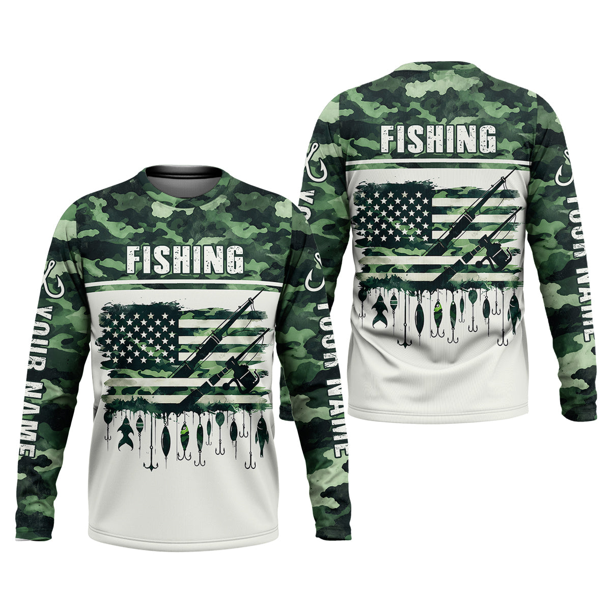 Fishing Green Camo US Flag Pattern Fishing UPF Shirts, 250 Years Fishing Shirts For Men