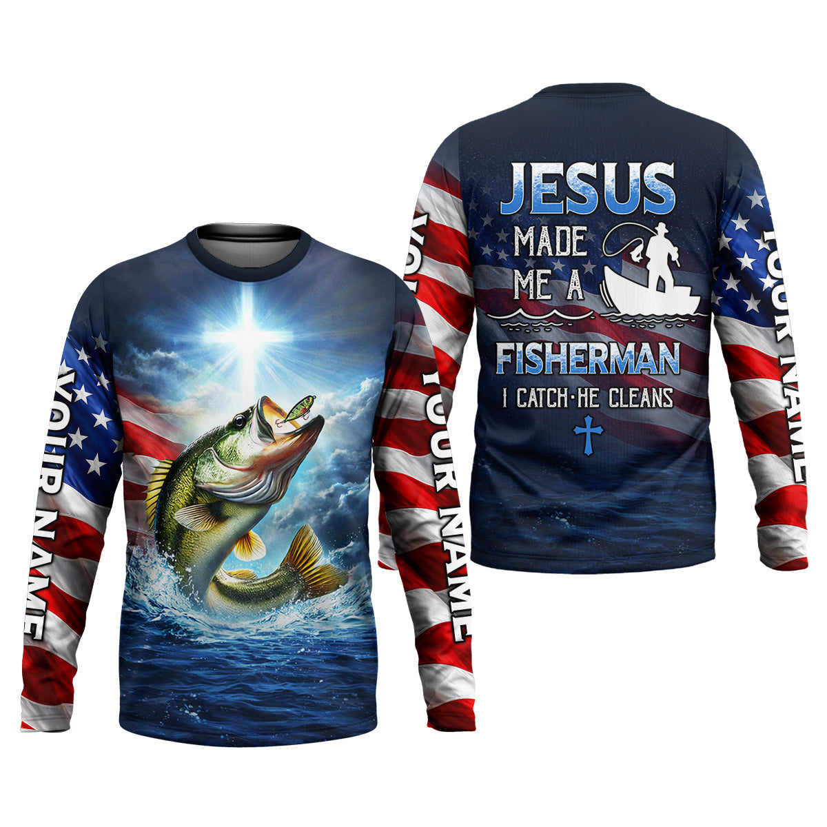 Jesus Made Me A Fisherman Shirt, Patriotic Christian Bass Fishing Shirt For Men, Fishing UPF Shirts