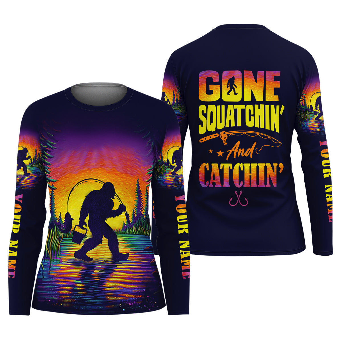Gone Squatchin And Catching Sunset Fishing UPF Shirts, Funny Fishing Shirt, Sasquatch Fishing Shirt For Women