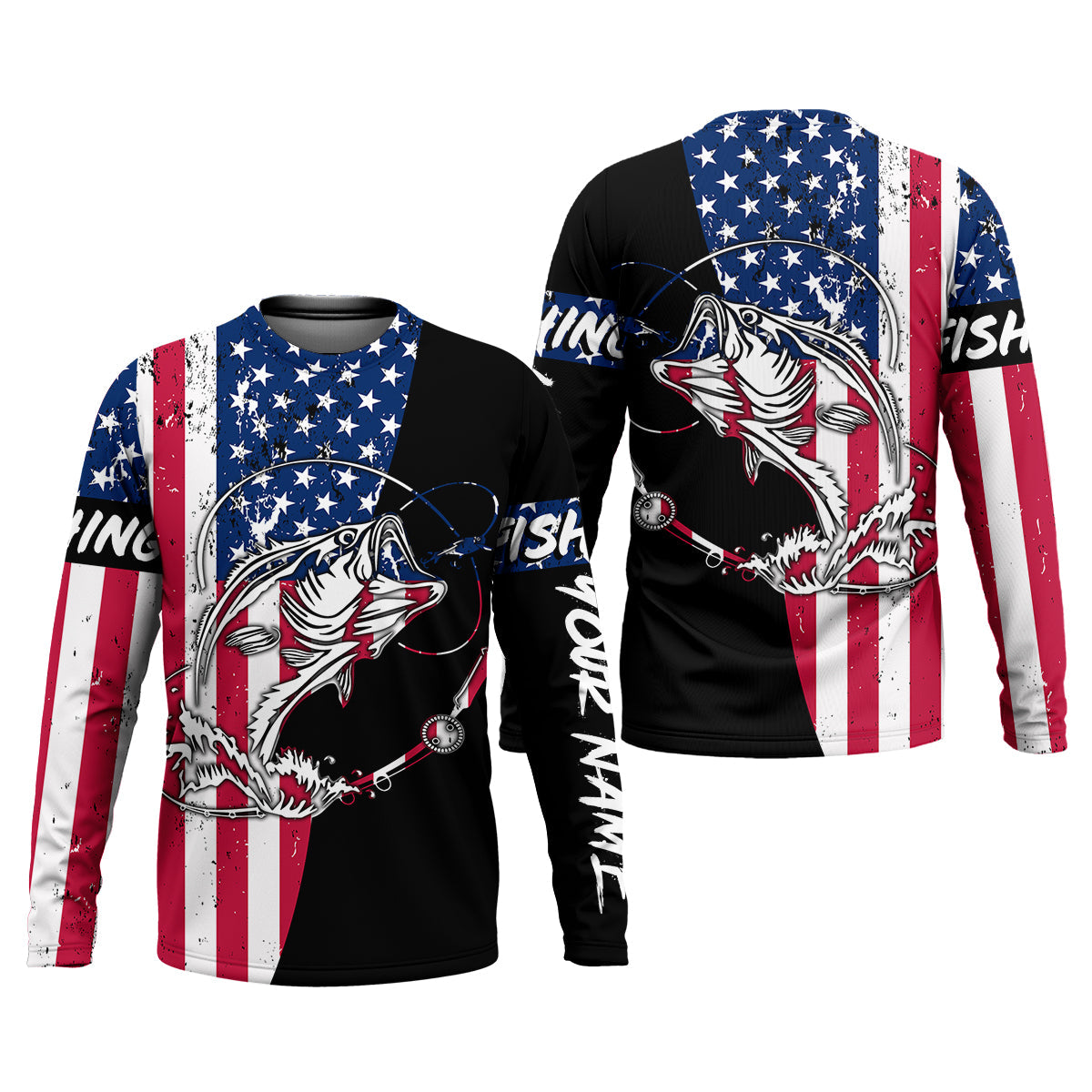 American Flag Fishing Shirt, Personalized Bass Fishing UPF Long Sleeve Shirt for Men