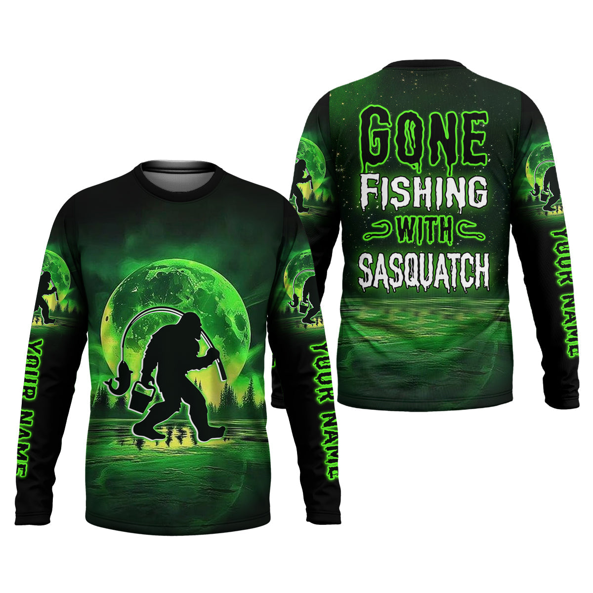 Gone Fishing With Sasquatch Neon Green Color Funny Fishing Shirt, SPF Shirt For Men, Presents For Fishermen