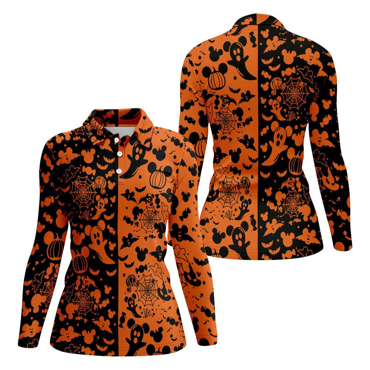 Cute Animated Ghost Black And Orange Halloween Golf Shirt, Fun Women's Golf Shirts, Ladies Golf Polos