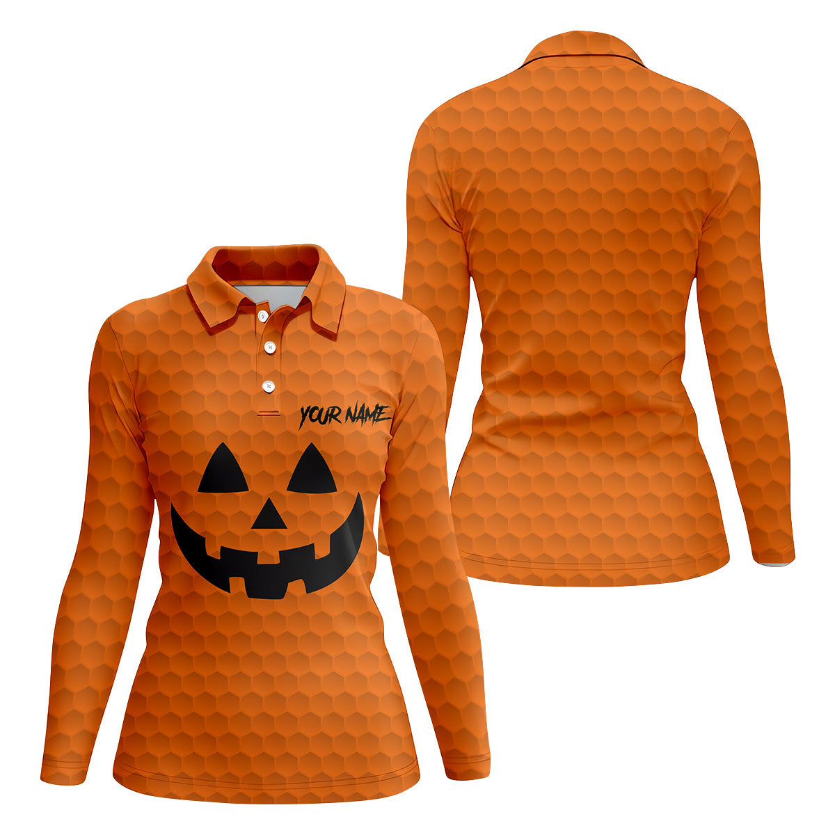 Halloween Pumpkin Face Custom Name Fun Women's Golf Shirts, Ladies Golf Tops, Golf Gifts For Women