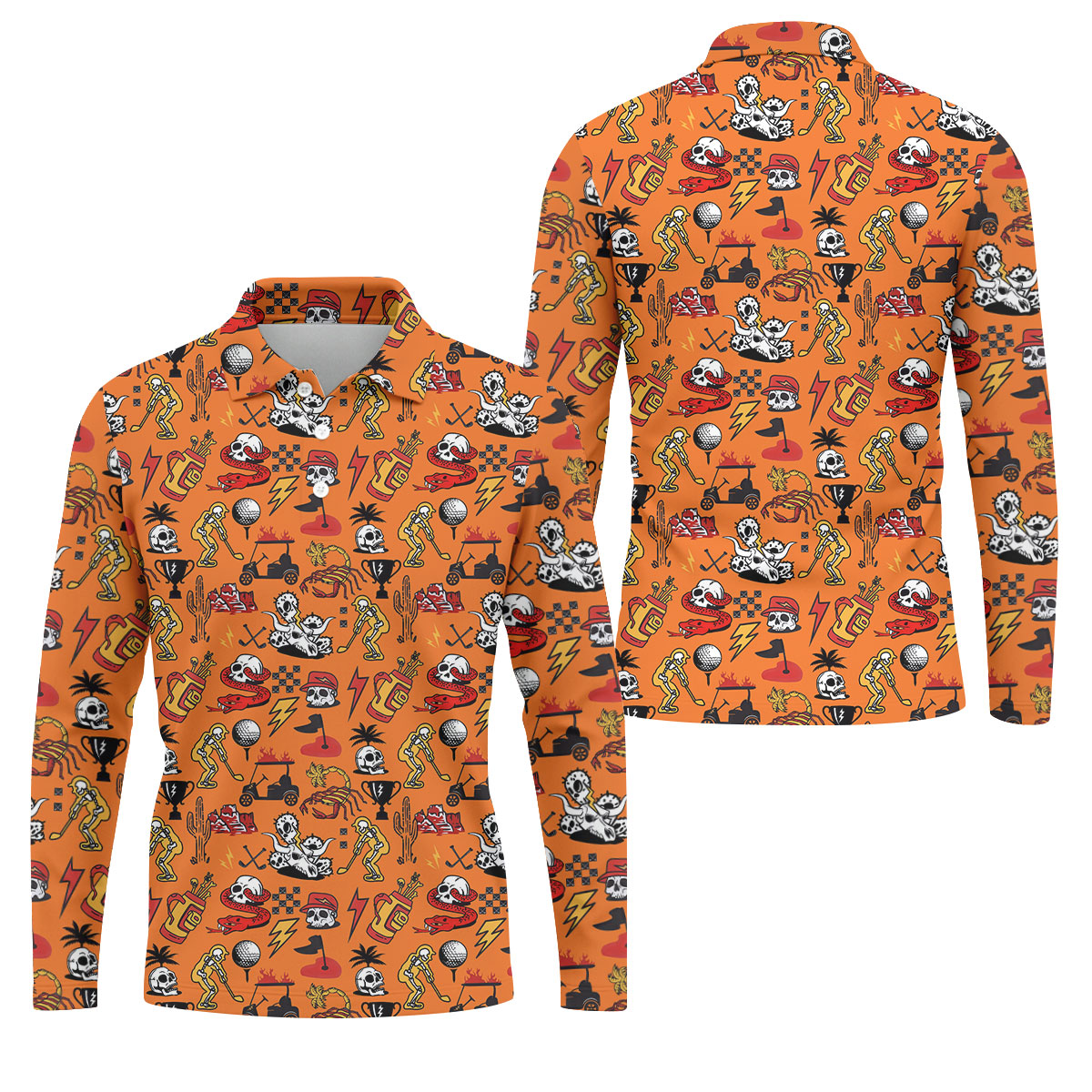Horror Pattern Orange Halloween Golf Tops For Men, Fun Golf Shirts For Men, Halloween Gift Idea
