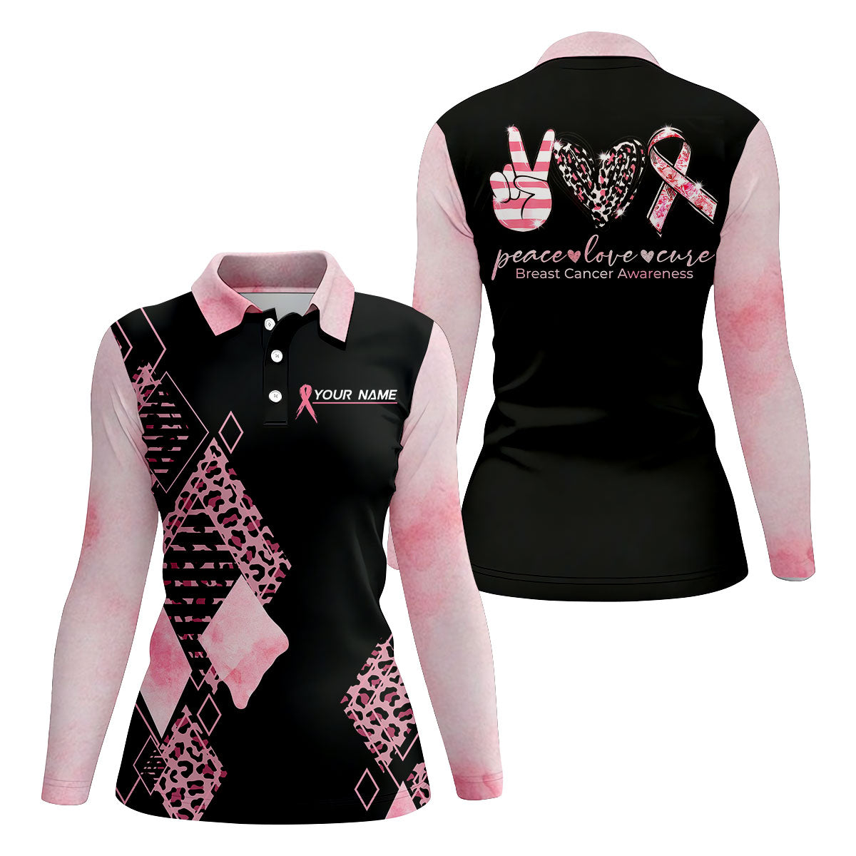Peace Love Cure Women's Golf Shirt, Breast Cancer Awareness Shirt, Pink Leopard Golf Shirt, Golf Gift For Women