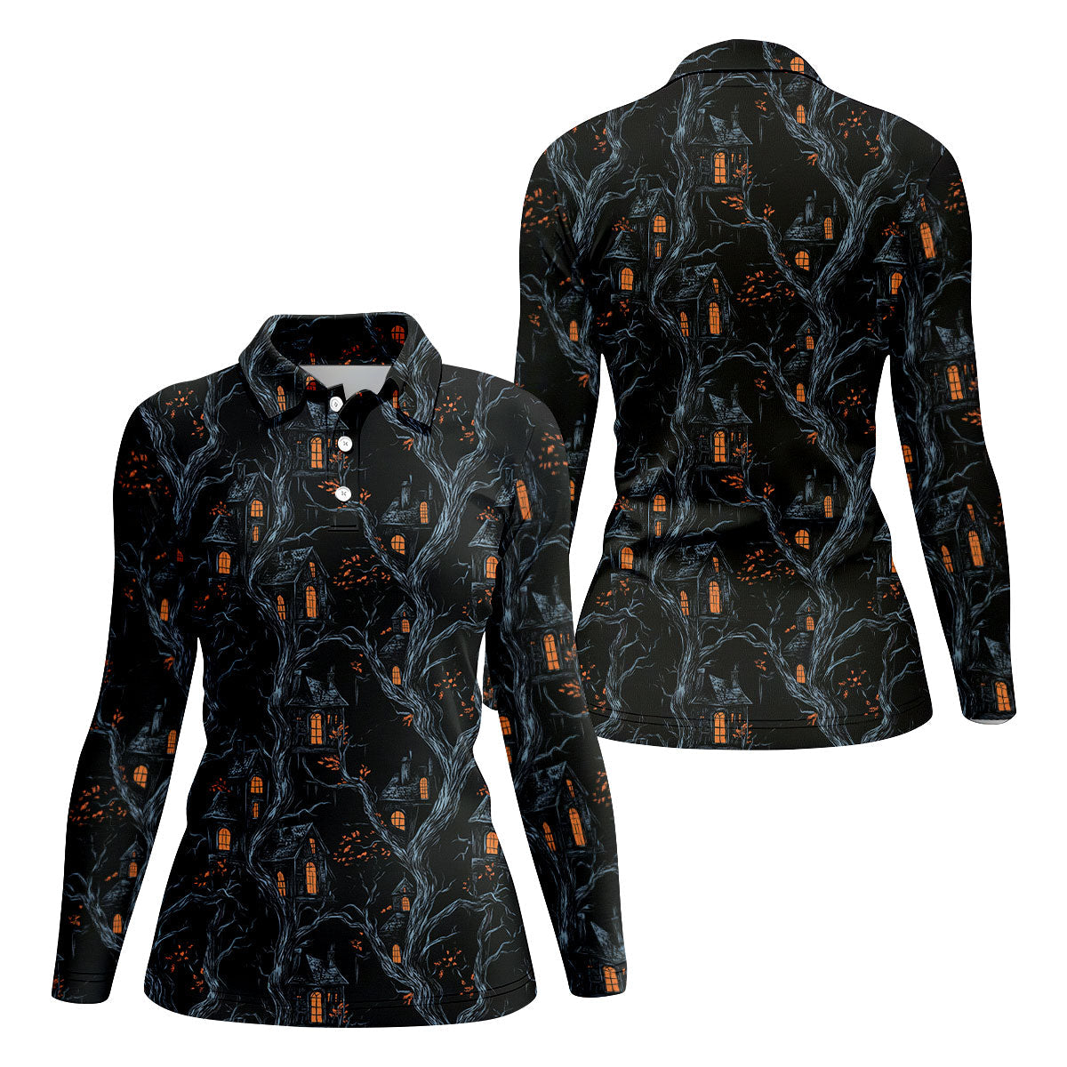 Haunted House Halloween Women Golf Top, Black Golf Polo ShirtLadies Golf Shirts, Golfing Apparel
