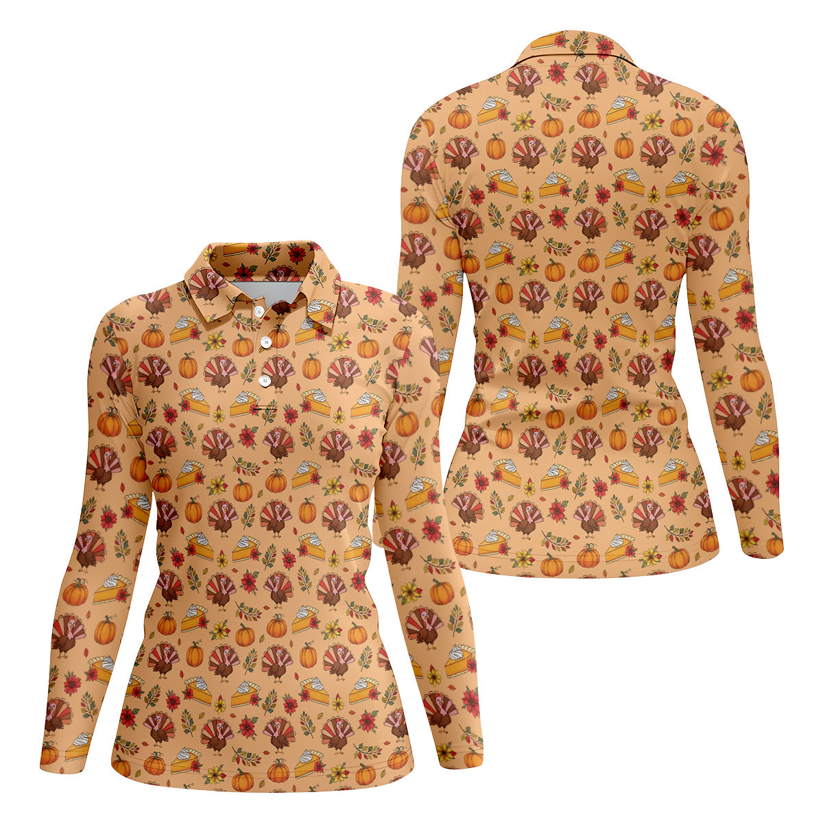 Cute Thanksgiving Turkey Pumpkin Pie Women's Golf Tops, Orange Golf Shirt, Thanksgiving Golf Gift For Ladies