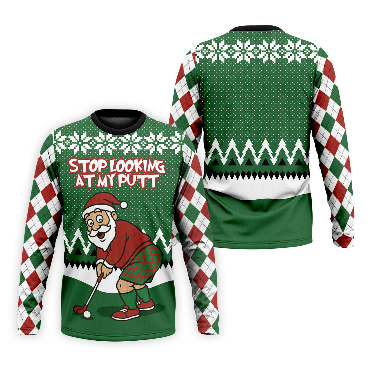 Stop Looking At My Putt Funny Santa Claus Argyle Golf Shirt, Christmas Golf Shirt, Polo Shirts For Men