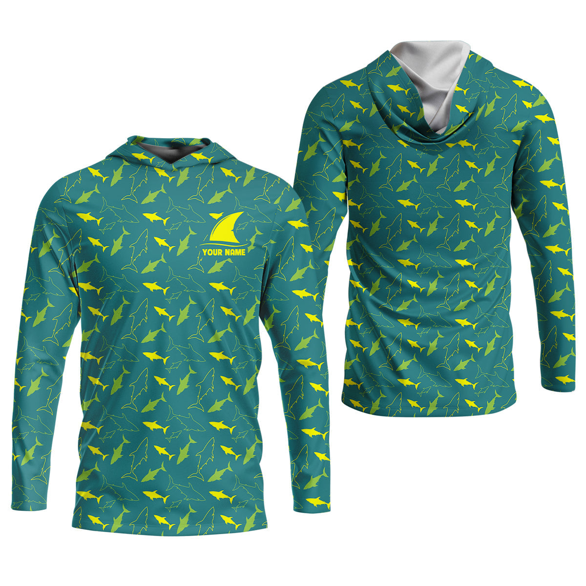 Green And Yellow Shark Pattern Performance Fishing Shirts, SPF Shirt For Men, Fishing Gifts For Men