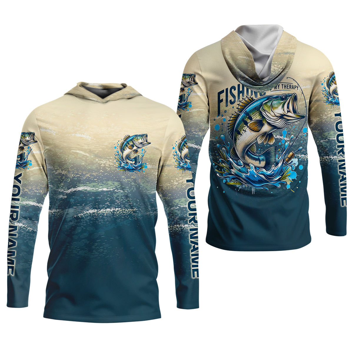 Fishing Is My Therapy Navy And Beige Fishing UPF Shirts, Fishing Shirt For Women, Female Fishing Shirts