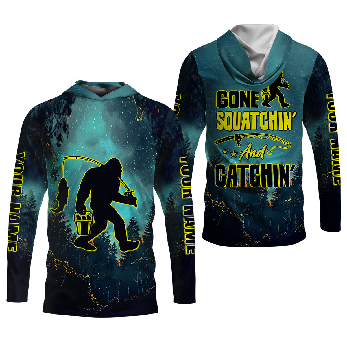 Gone Squatchin And Catching Night Forest Performance Fishing Shirts, SPF Shirt For Men, Gift For Fisherman