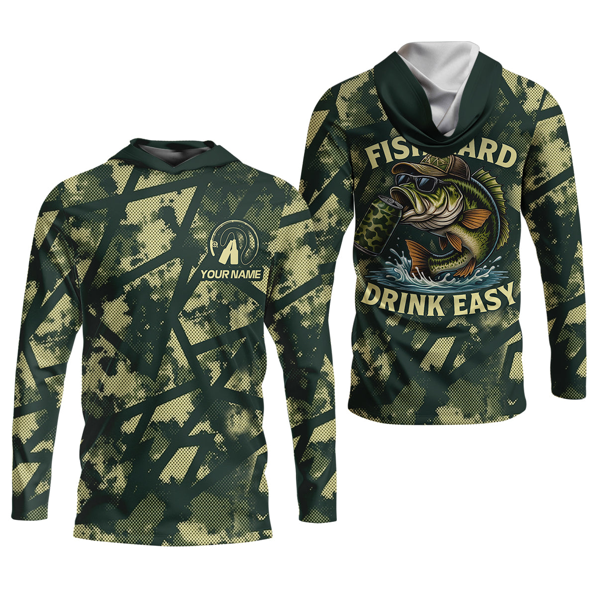 Fish Hard Drink Easy Green Camo Funny Fishing Shirt, Women SPF Shirt, Largemouth Bass Female Fishing Shirts
