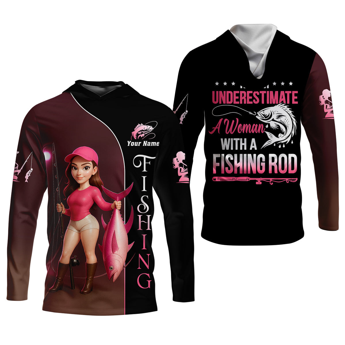 Never Underestimate A Women With A Fishing Rod Custom Name Fishing UPF Shirts, Women Fishing Shirt