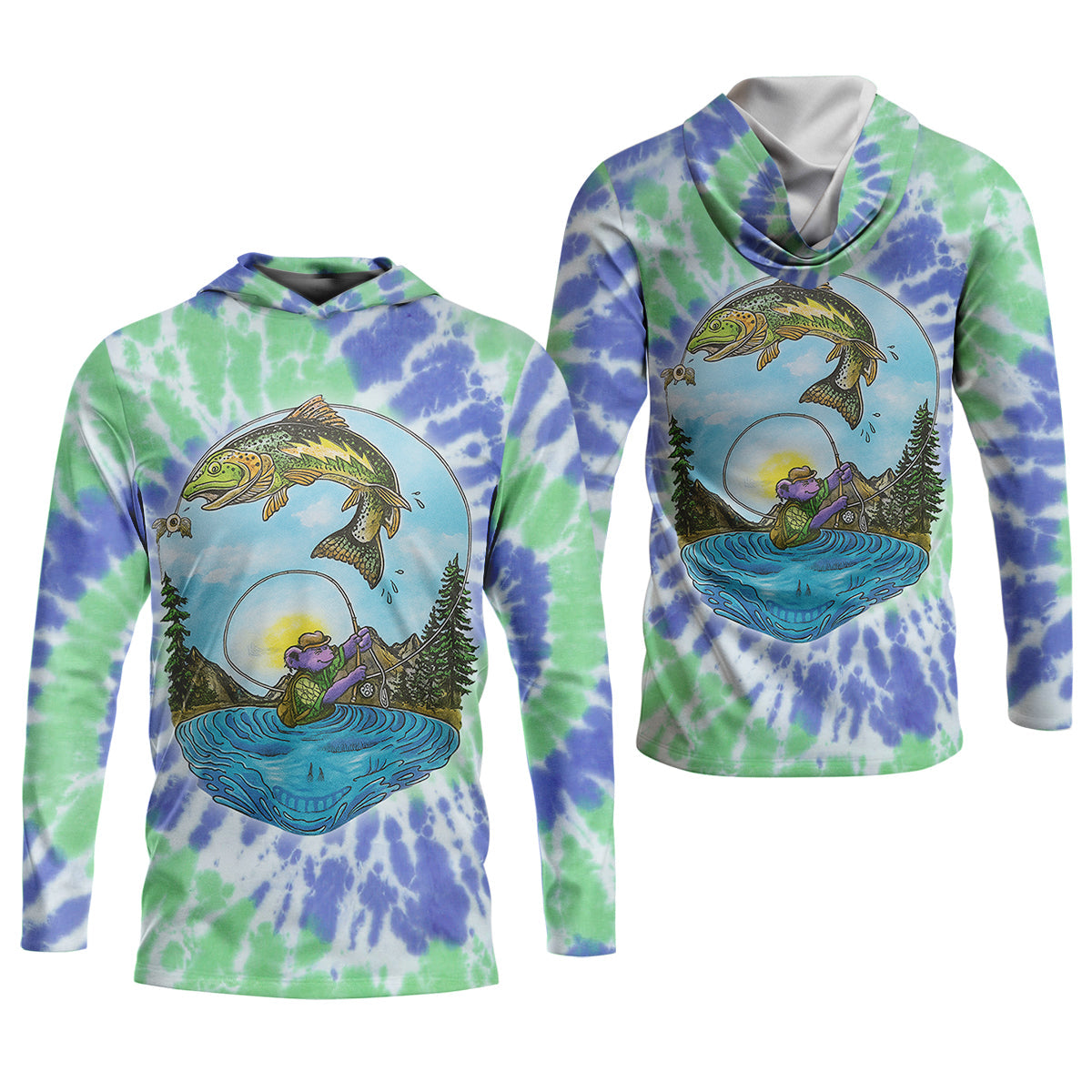 Bear Fishing Green And Purple Cool Tie Dye Patterns Fishing UPF Shirts, Women Fishing Shirt, Female Fishing Shirts