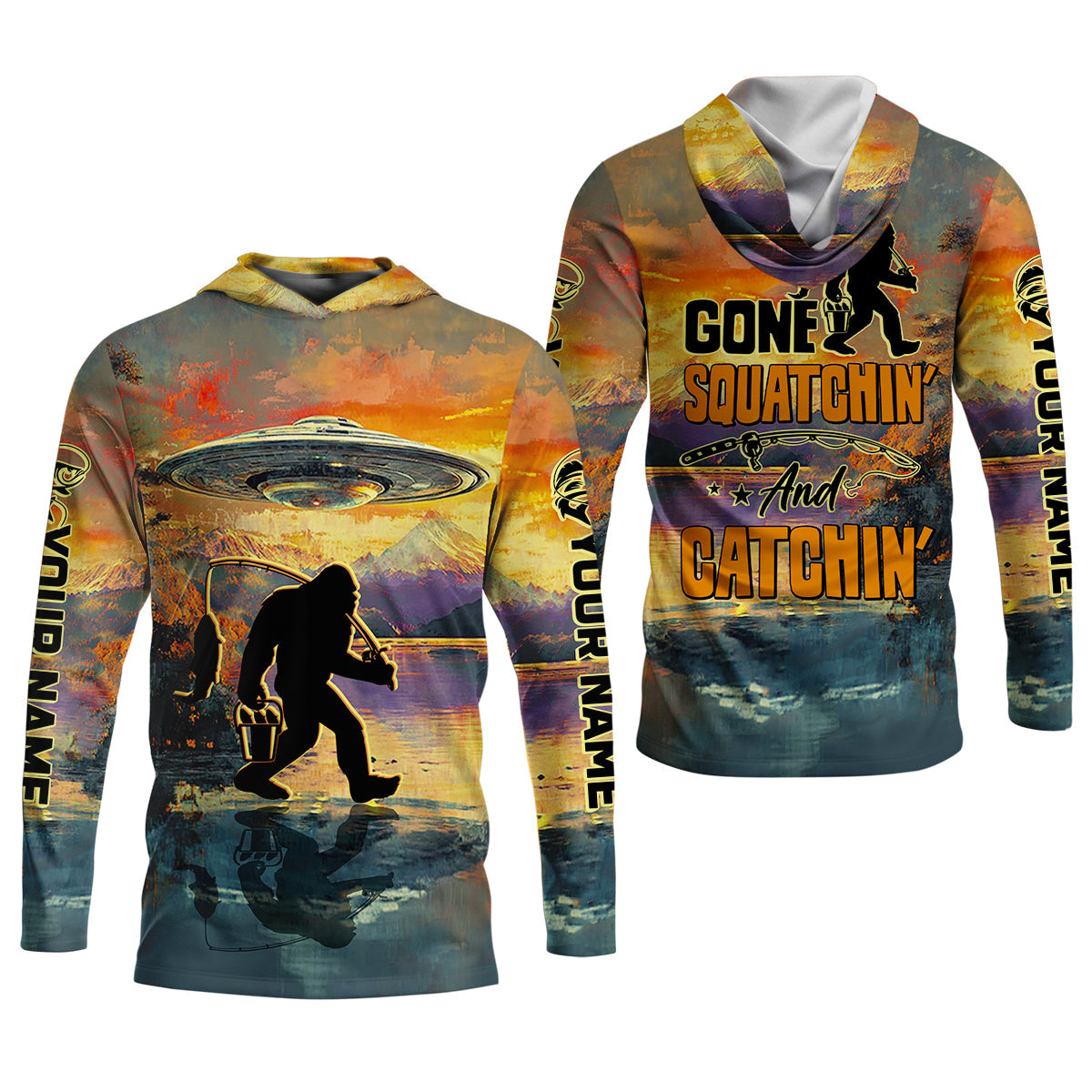 Gone Squatchin And Catchin UFO Bigfoot Fishing UPF Shirts, Fishing Gifts For Men, Fishing Shirts For Men