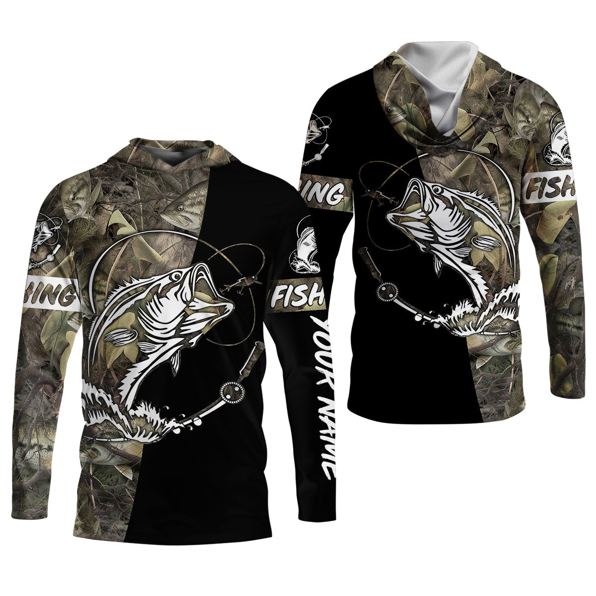 Camo Black Fishing UPF Shirts, Camouflage Fishing Shirts, Fishing Gifts For Men, Men's Fishing Shirt