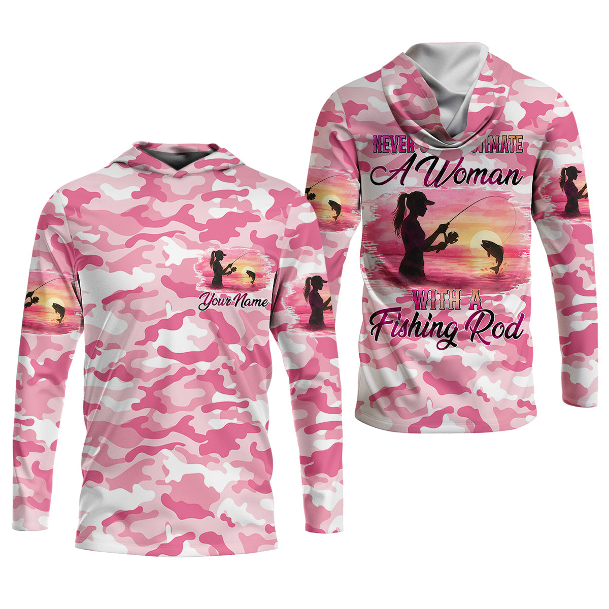 Never Underestimate A Women With A Fishing Rod Women's Pink Camo Fishing UPF Shirts, Female Fishing Shirts