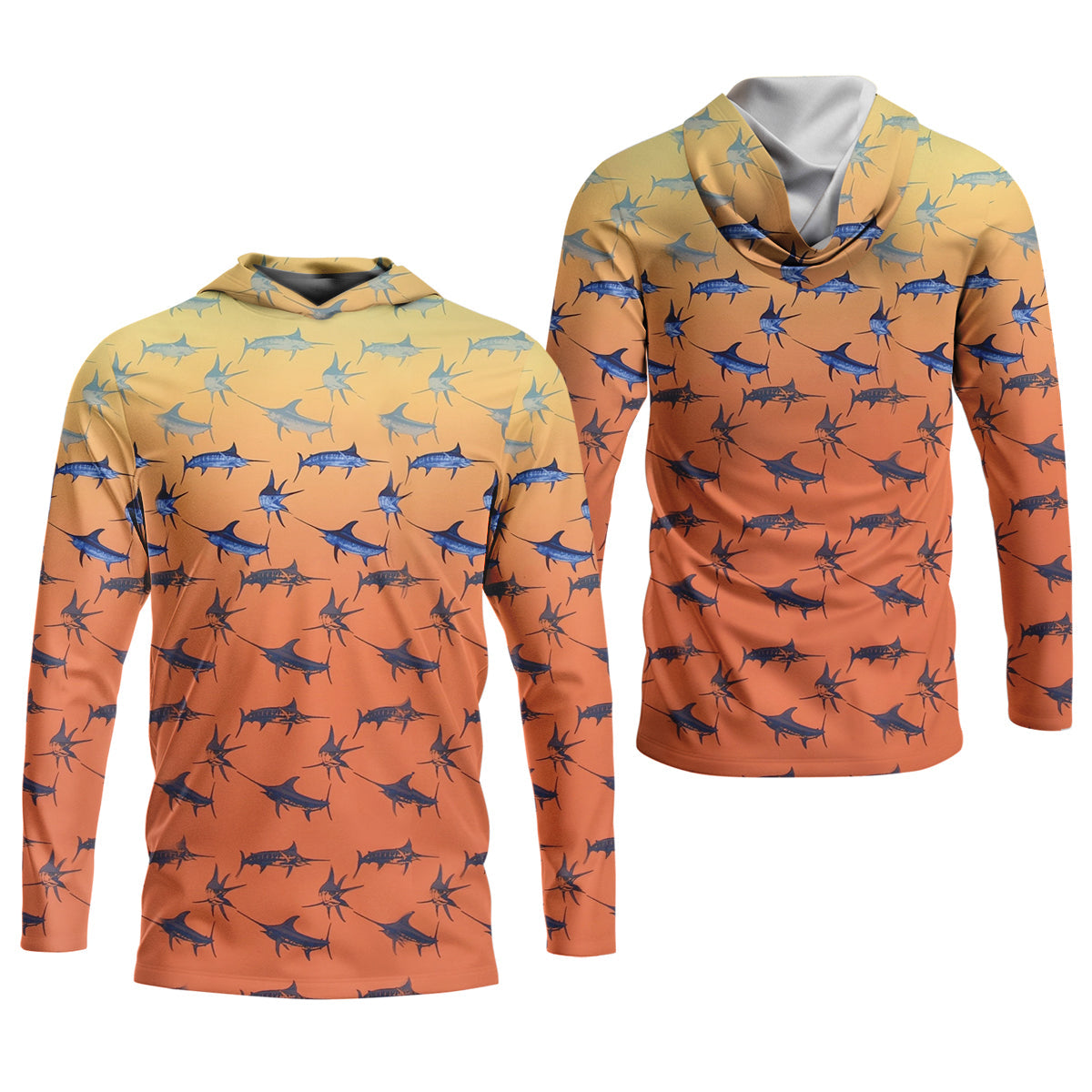 Swordfish Patter Orange Fishing Shirt, Cute Women's Fishing Outfits, Female Fishing Shirts, SPF Shirt