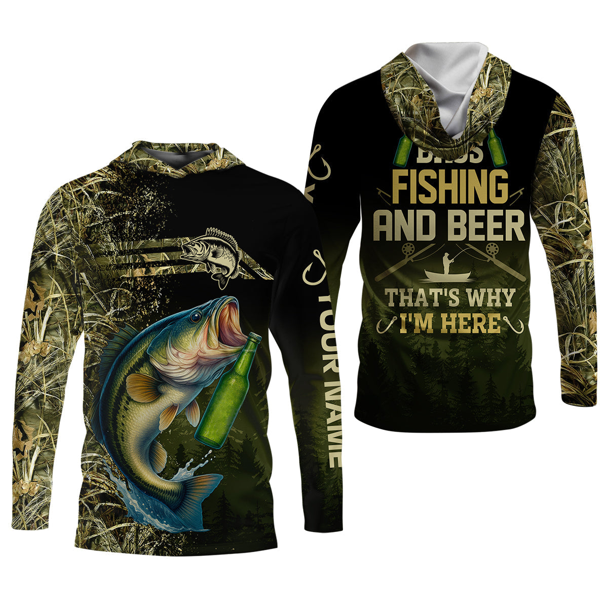Bass Fishing And Beer That's Why I'm Here Camouflage Fishing Shirts, Funny Fishing Shirt, SPF Shirt For Men