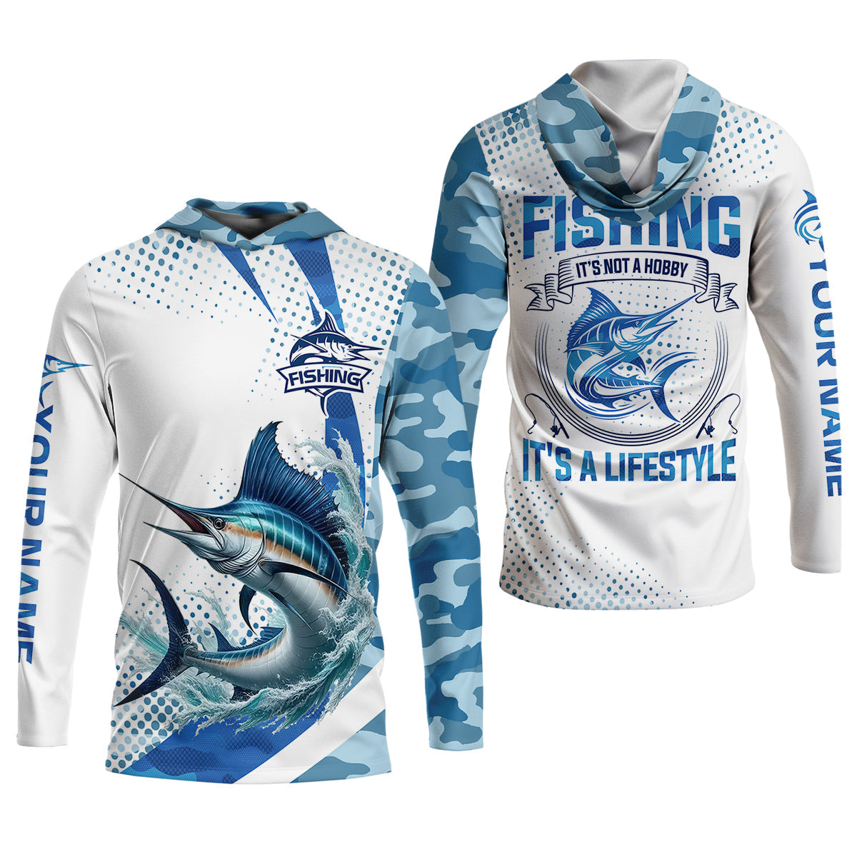 Fishing It's Not A Hobby It's A Lifestyle Blue Camo Fishing UPF Shirts, Blue Marlin Fishing Shirt For Women