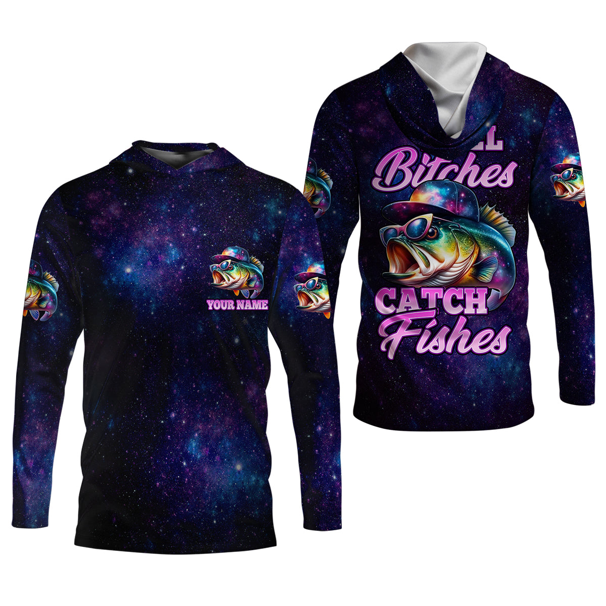 Reel Bitches Catch Fishes Galaxy Pattern Fisherwomen SPF Shirt, Funny Fishing Shirt, Fishing Shirt For Women