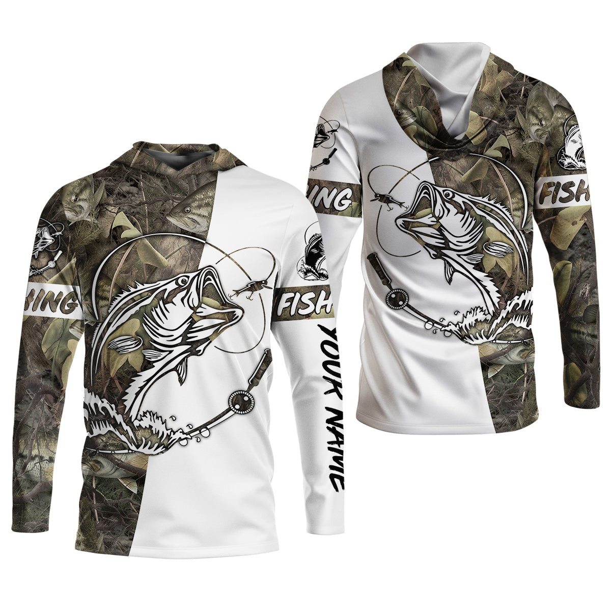Camo White Fishing UPF Shirts, Camouflage Fishing Shirts, Fishing Gifts For Men, Men's Fishing Shirt
