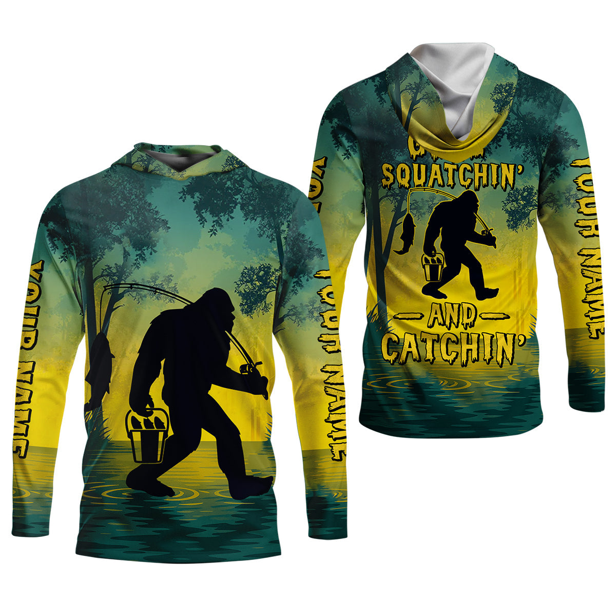 Gone Squatchin And Catching Yellow Forest Bigfoot Fishing UPF Shirts, Funny Fishing Shirt, Fishing Gifts For Men