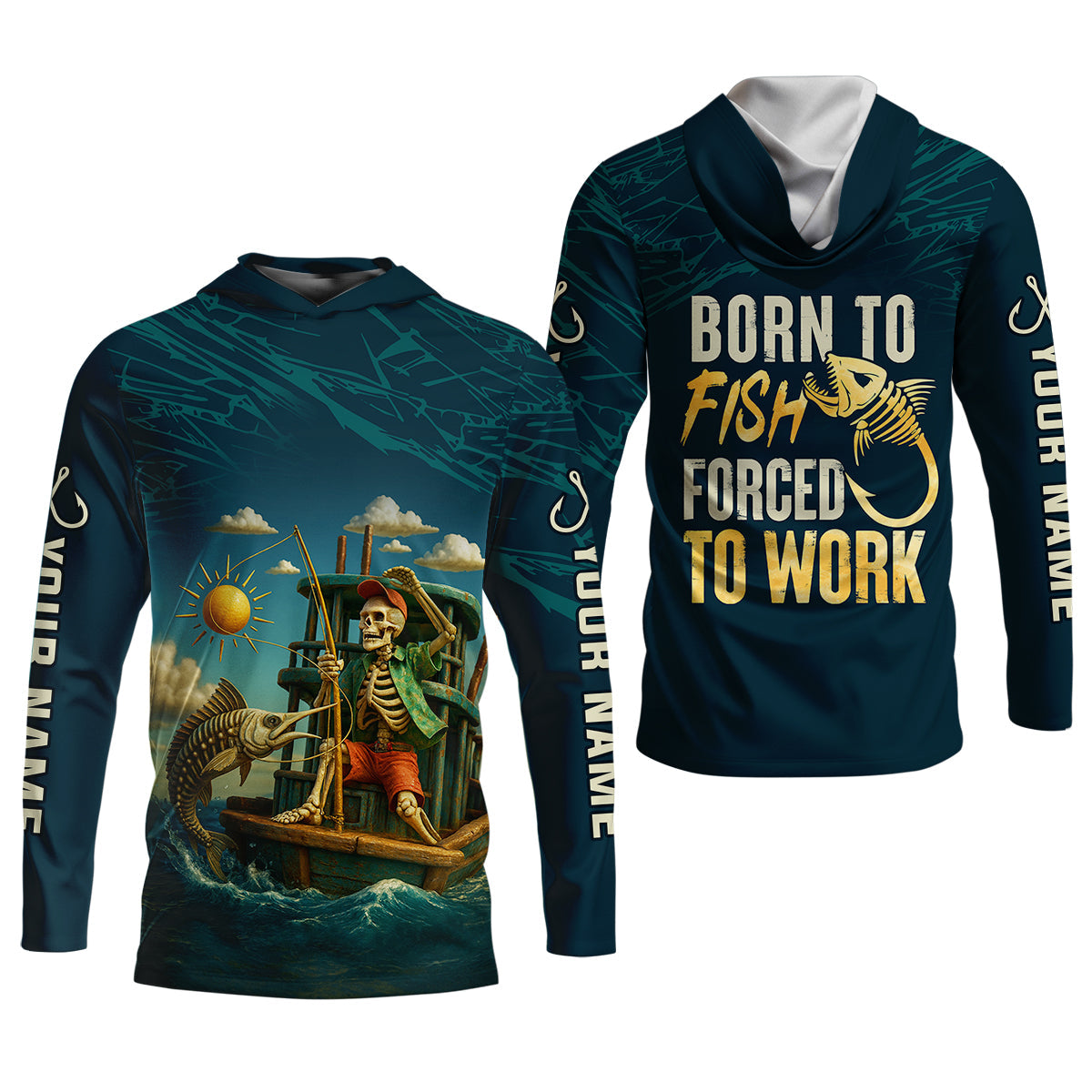 Born To Fish Forced To Work Funny Skeleton Fishing UPF Shirts, Female Fishing Shirts, Women Fishing Shirt