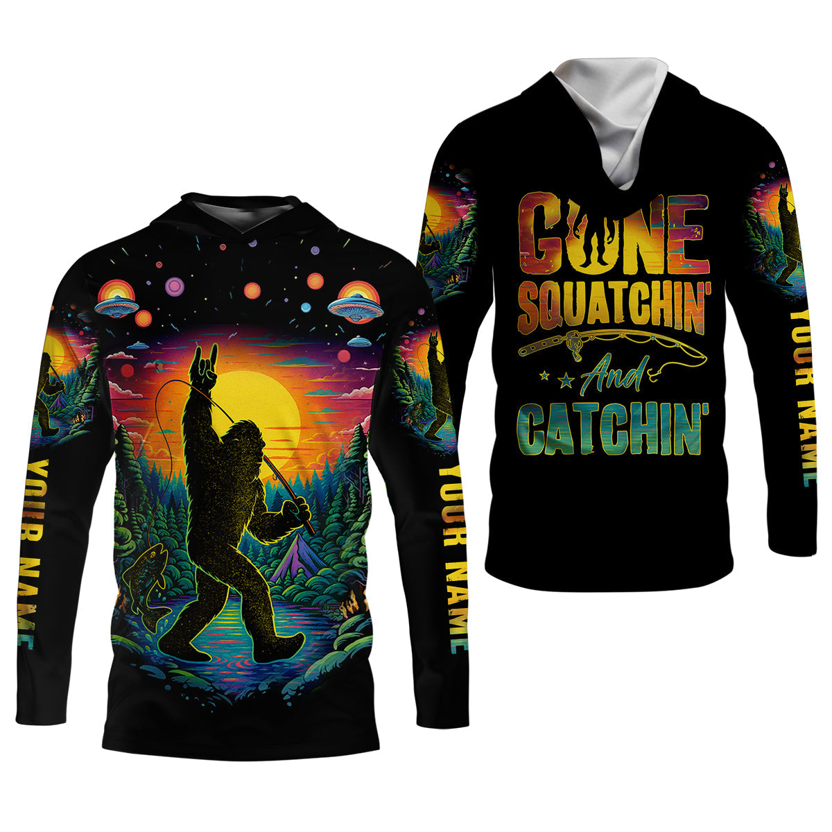 Gone Squatchin And Catching Alien Bigfoot Funny Fishing Shirt, Women SPF Shirt, Female Fishing Shirts