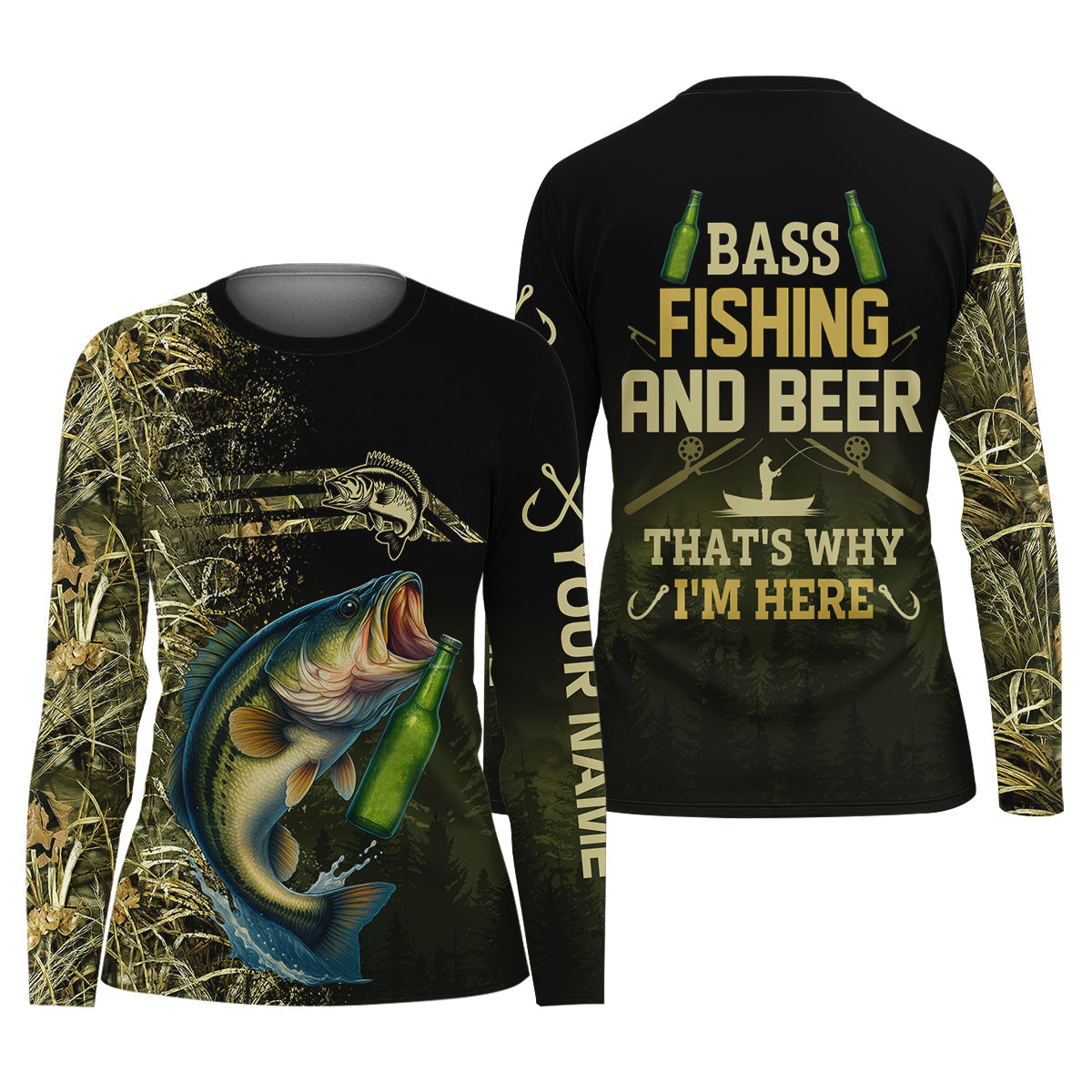 Bass Fishing And Beer That's Why I'm Here Camouflage Fishing Shirts, Funny Fishing Shirt, Women SPF Shirt