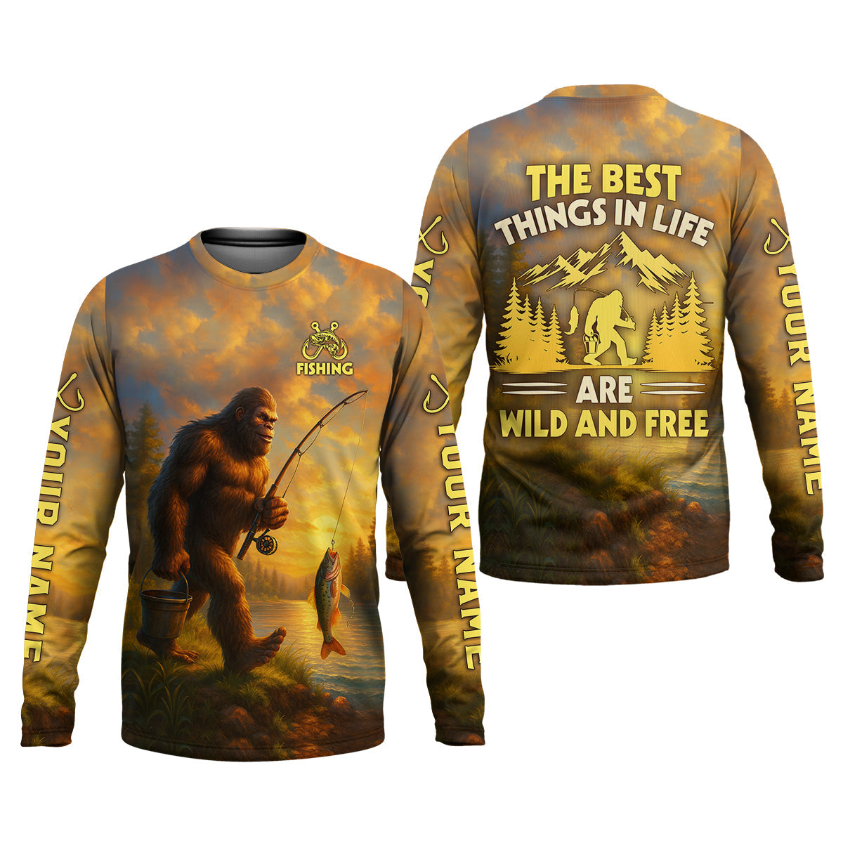 The Best Things In Life Are Wild And Free Bigfoot Sunset Funny Fishing Shirt, SPF Shirt For Men