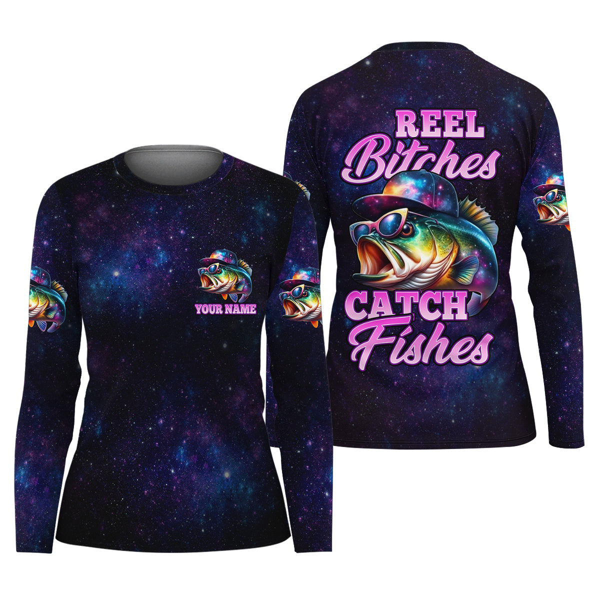 Reel Bitches Catch Fishes Galaxy Pattern Fisherwomen SPF Shirt, Funny Fishing Shirt, Fishing Shirt For Women