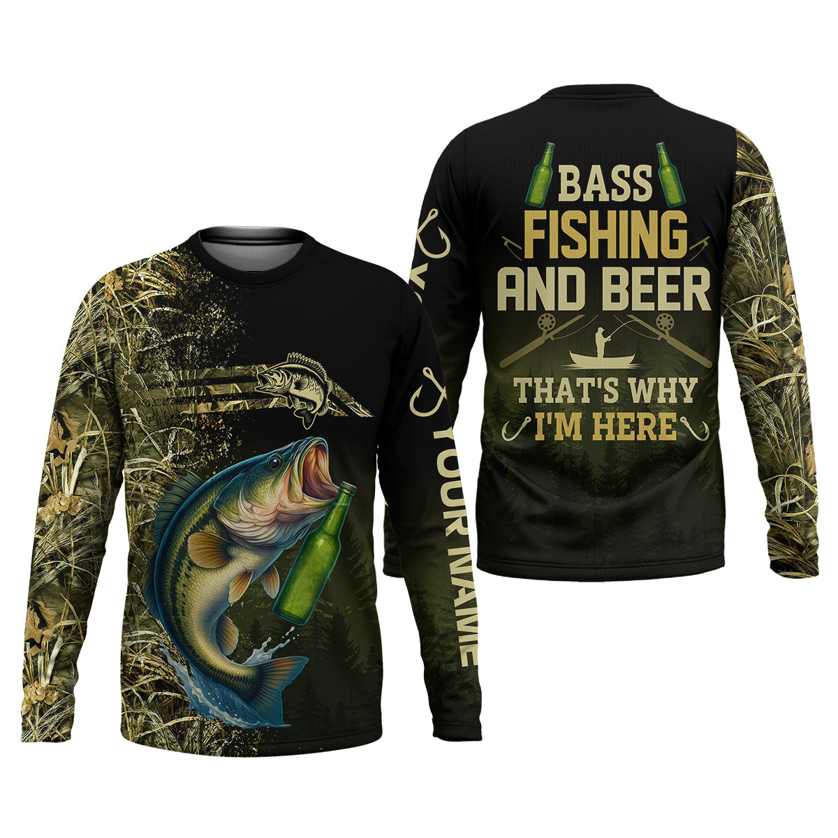 Bass Fishing And Beer That's Why I'm Here Camouflage Fishing Shirts, Funny Fishing Shirt, SPF Shirt For Men