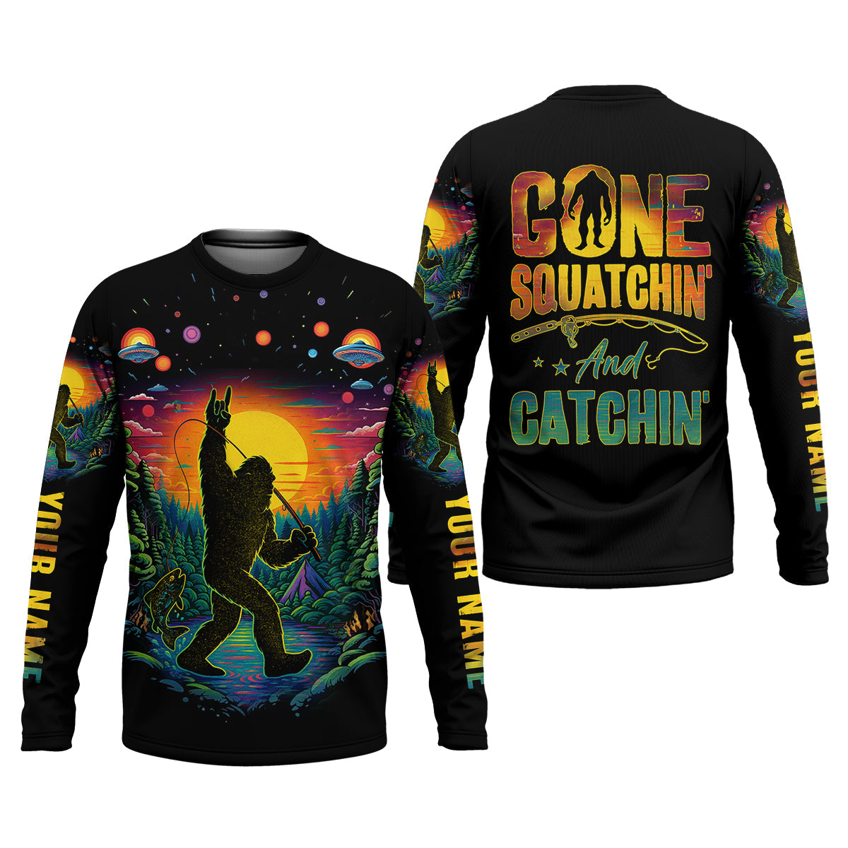 Gone Squatchin And Catching Alien Bigfoot Funny Fishing Shirt, SPF Shirt For Men, Fishing Shirts For Men