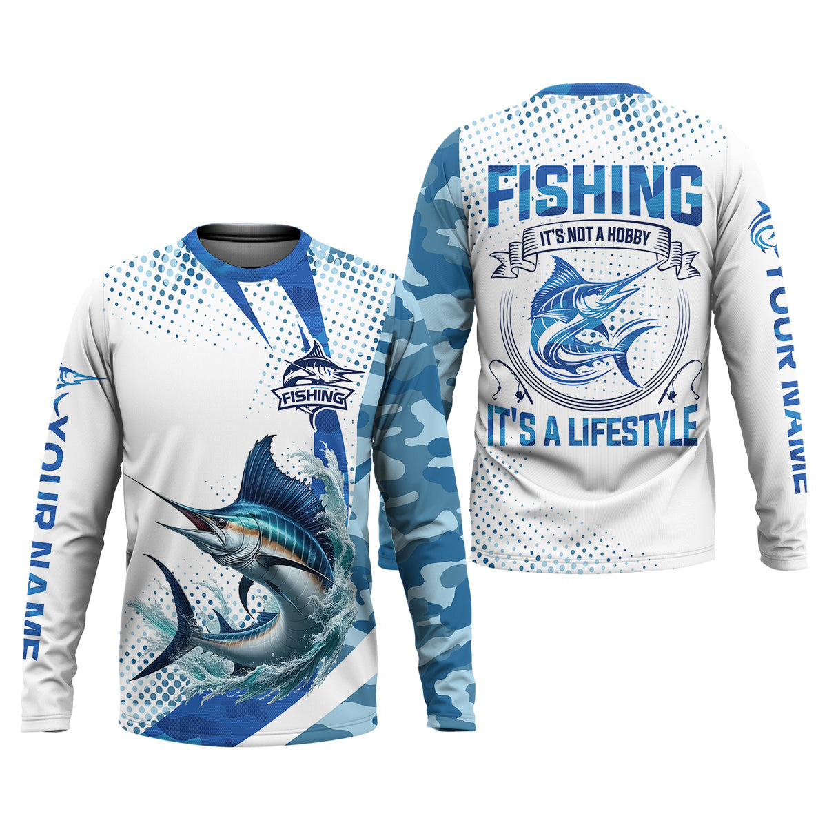 Fishing It's Not A Hobby It's A Lifestyle Blue Camo Fishing UPF Shirts, Blue Marlin Fishing Shirts For Men